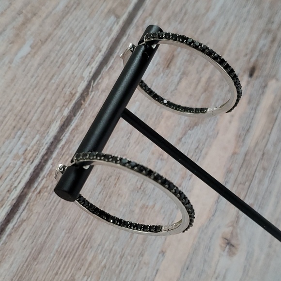Sterling Silver 925 Onyx Hoop Earrings - Picture 3 of 6
